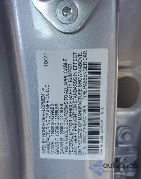 2021 Honda Accord Lx из США, поврежденный, VIN 1HGCV1F15MA113870